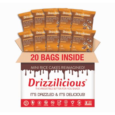 Drizzilicious Mini Rice Cakes S&#39;mores - Rice Crisps, Healthy Snack for Adults and Kids, Flavored Rice Cakes, Vegan, Gluten Free, Allergen Free, Only 90 Calories Per Bag - 0.74 oz (Pack of 20)