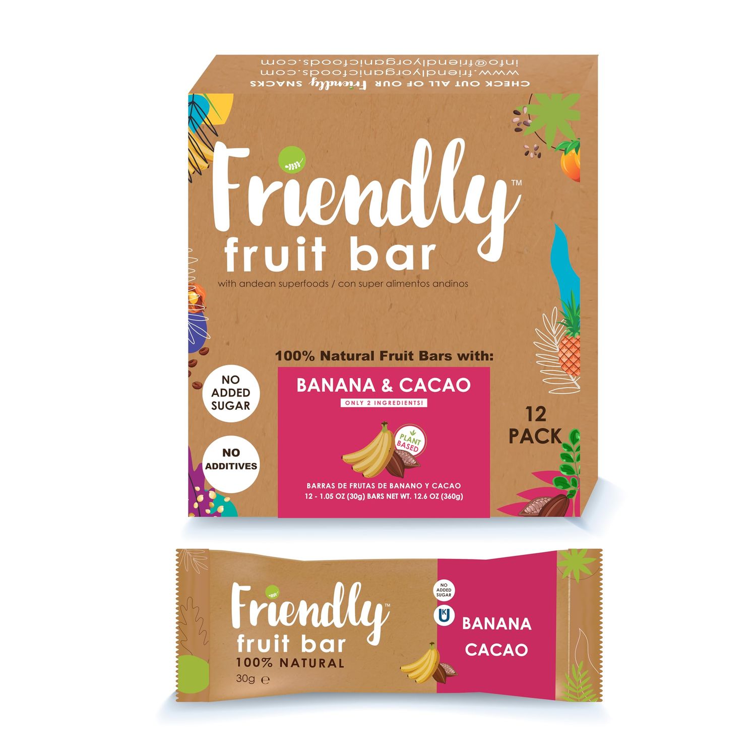 Friendly Fruit Bar | Banana and Cacao;(12 Pack);12.6 Oz; | Healthy Natural Snack, Energetic, Plant Based, Non - GMO, Vegan, No Added Sugar, Kosher, Gluten Free.