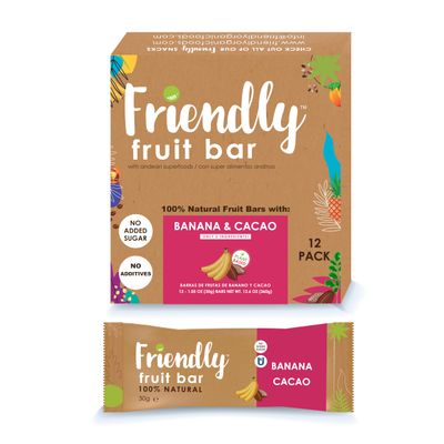 Friendly Fruit Bar | Banana and Cacao;(12 Pack);12.6 Oz; | Healthy Natural Snack, Energetic, Plant Based, Non - GMO, Vegan, No Added Sugar, Kosher, Gluten Free.