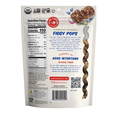 Made In Nature Organic Figgy Pops, Cranberry Pistachio, 4.2 Ounce (Pack of 6) - Unbaked Fruit & Nut Energy Bites, Non-GMO, Gluten Free, Vegan
