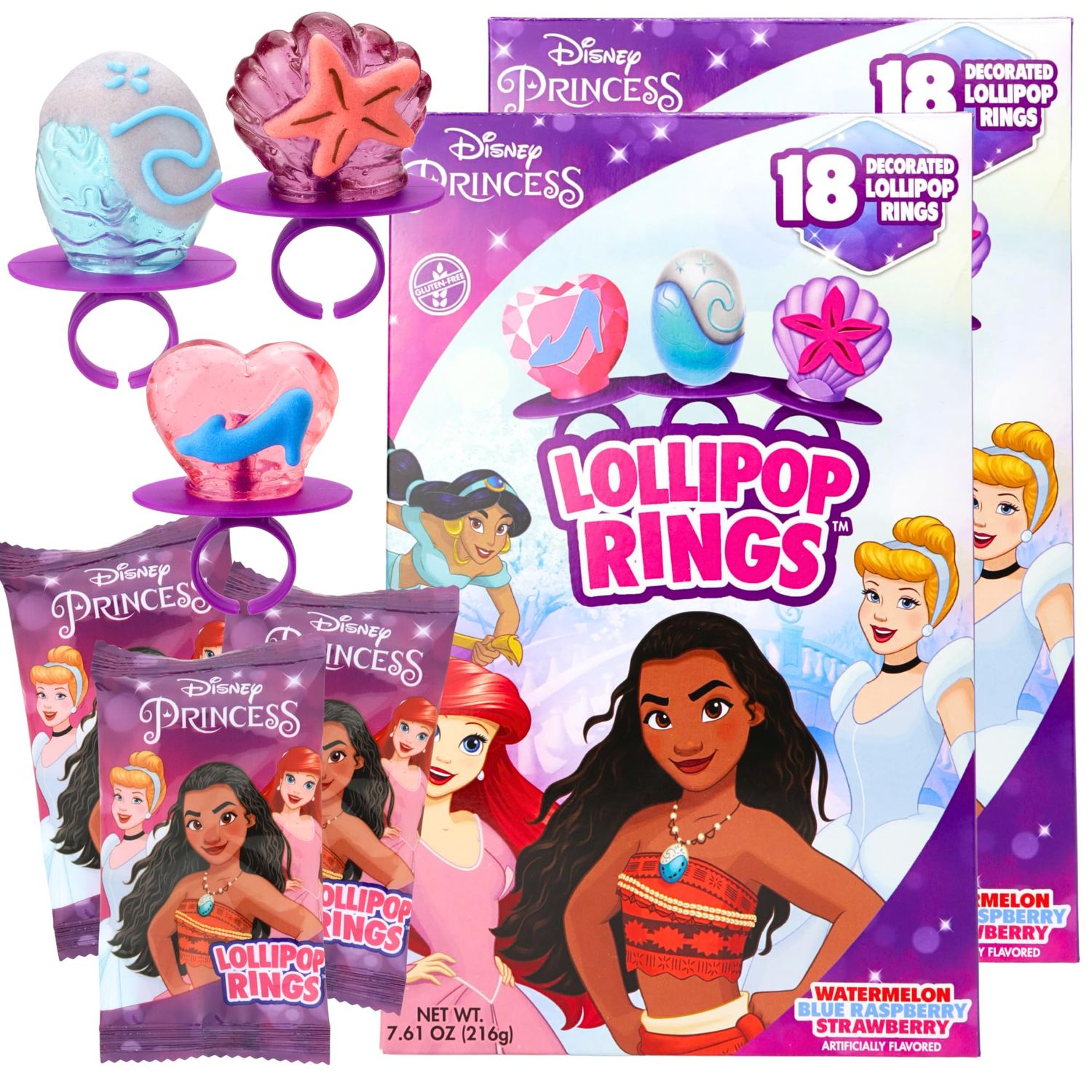 Disney Princess Decorated Lollipop Rings, Bulk Flavored Candy for Birthday Party Favor, Individually Wrapped With Assorted Flavors, 36 Count