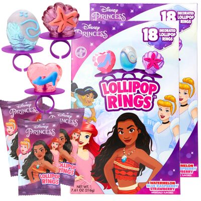 Disney Princess Decorated Lollipop Rings, Bulk Flavored Candy for Birthday Party Favor, Individually Wrapped With Assorted Flavors, 36 Count