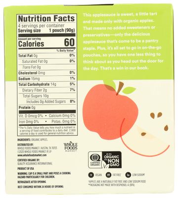 365 by Whole Foods Market, Organic Unsweetened Applesauce 4 Pack, 3.2 Ounce