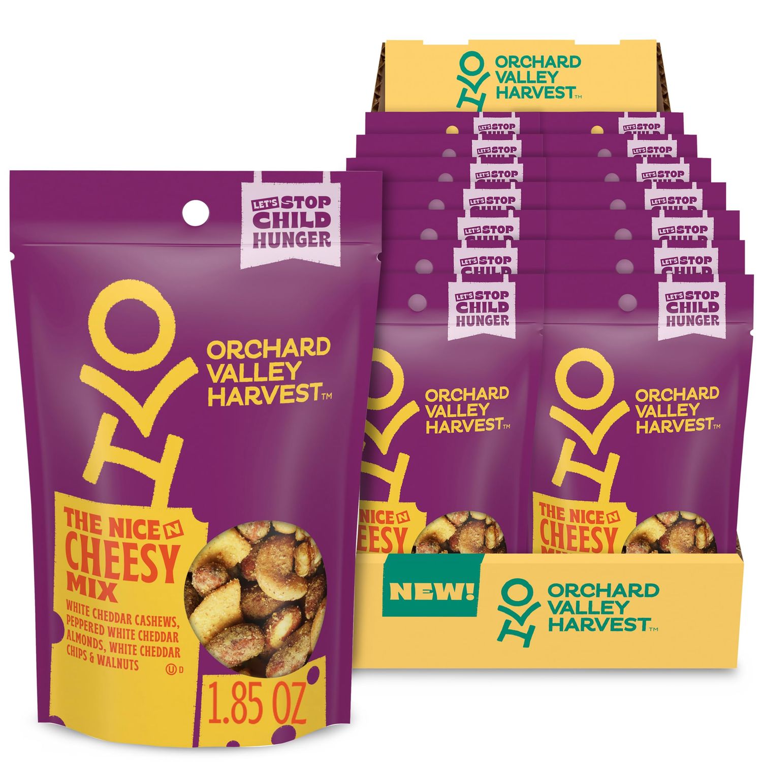 Orchard Valley Harvest Nice N Cheesy Mix, 1.85 oz (Pack of 14), White Cheddar Almonds, Cashews, Chips, Walnuts, Resealable Bag, 6g Of Protein Per Serving, Salty, Snacks for Adults &amp; Kids