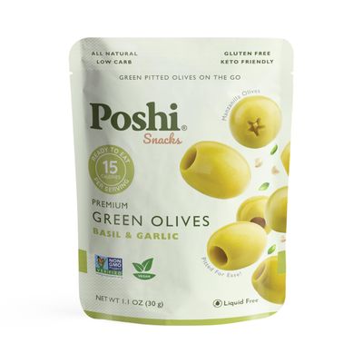 OLOVES Green Pitted Olives | Basil &amp; Garlic | Vegan, Kosher, Gluten Free  Keto Friendly, Fresh, Low Calorie Healthy Snacks | (30 Pack, 1.1oz Bags)