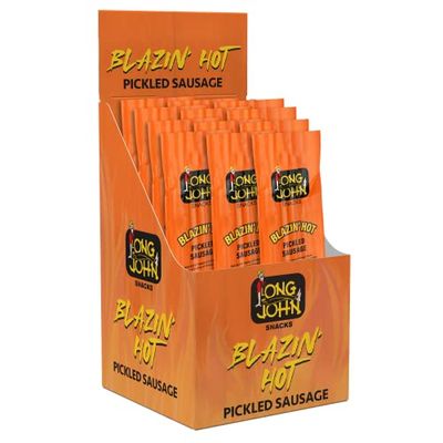 Long John Snacks Blazzin&#39; Hot Pickled Sausage - Pork &amp; Beef Smoked Links Seasoned with Spices - Gluten-Free, Bold Flavor &amp; Amazing Heat - Individually Wrapped for Mess-Free Snacking -12pack