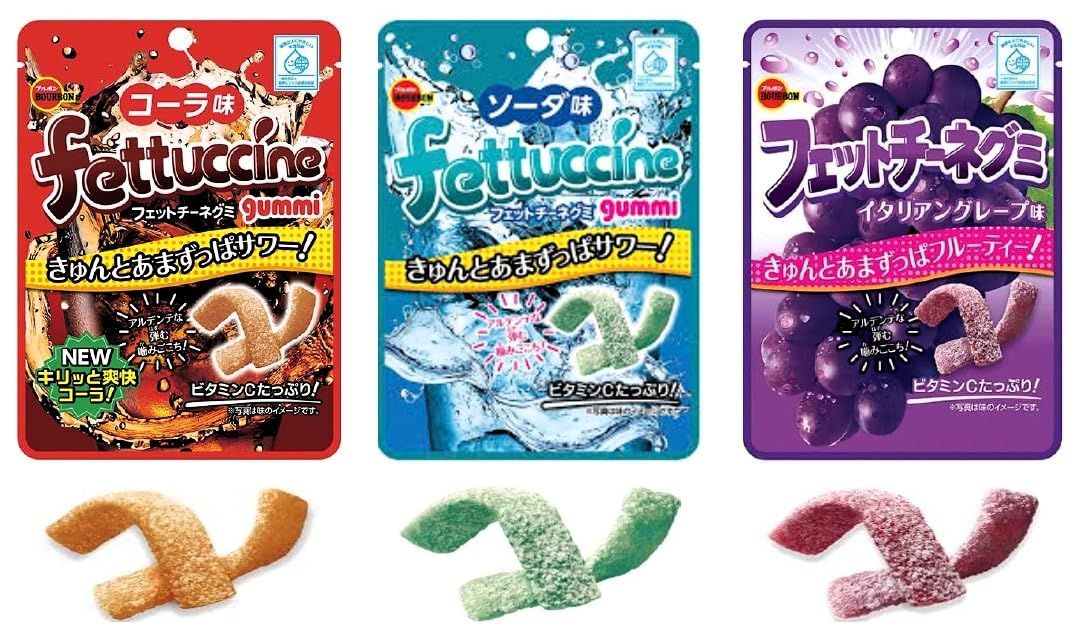 Konbini Japan - Fettuccine Japanese Gummy Candy Sweets Snack - Cola, Soda, and Italian Grape Flavors (Pack of 3)