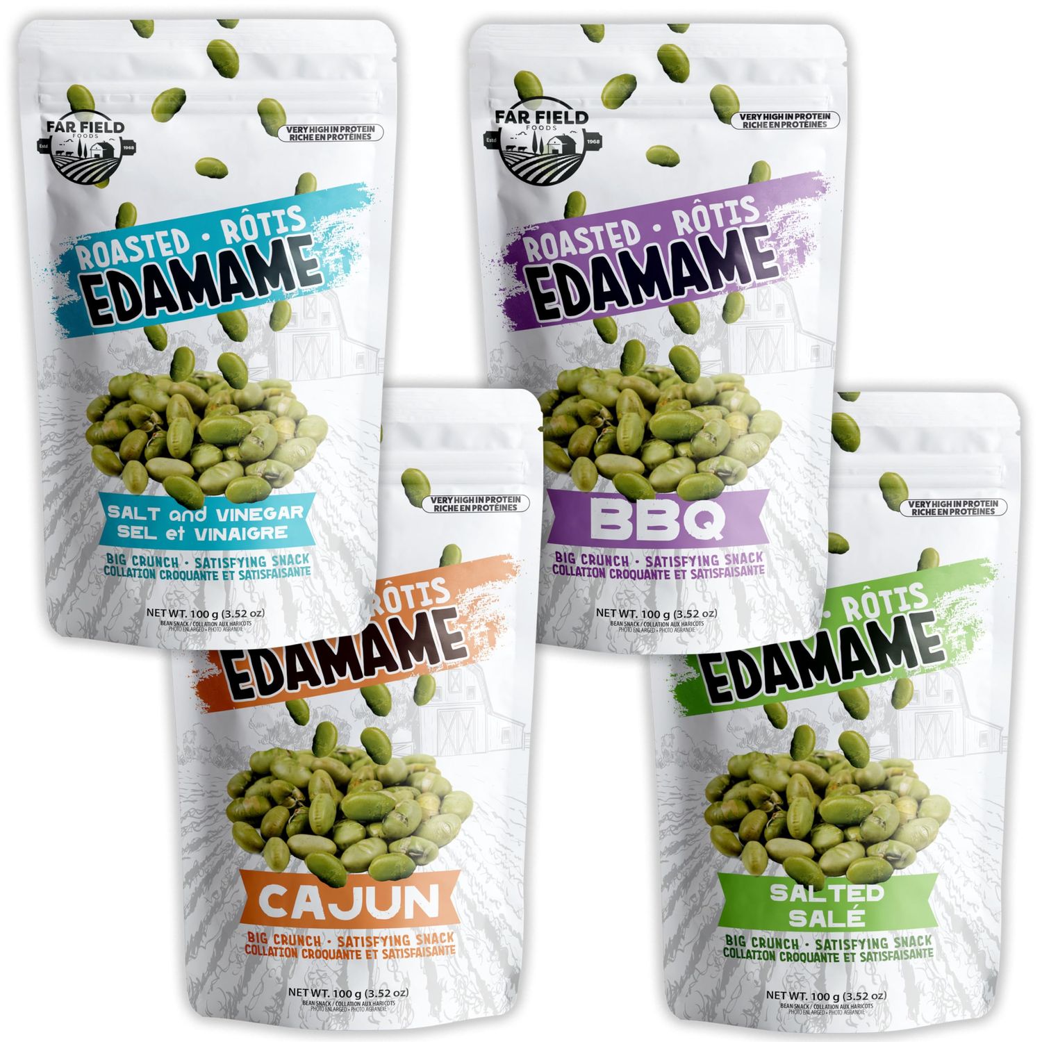 Far Field Crunchy Roasted Edamame Bean Snacks, Very High Protein, Healthy Vegetable Snacks for Adults and Kids, High Fiber, Salted, BBQ, Salt &amp; Vinegar, Cajun