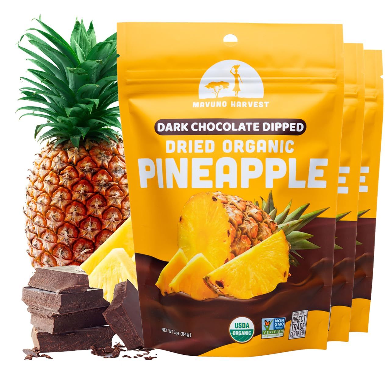 Mavuno Harvest Organic Chocolate Covered Pineapple - Organic Dried Pineapple Dipped in Dark Chocolate - Non GMO, Fair Trade &amp; Vegan Chocolate Treat - Healthy Chocolate Snacks - 3 x 3 Ounces