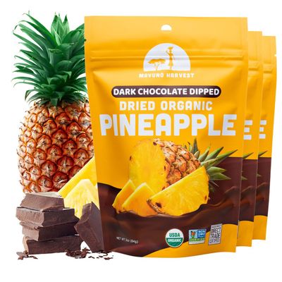Mavuno Harvest Organic Chocolate Covered Pineapple - Organic Dried Pineapple Dipped in Dark Chocolate - Non GMO, Fair Trade &amp; Vegan Chocolate Treat - Healthy Chocolate Snacks - 3 x 3 Ounces
