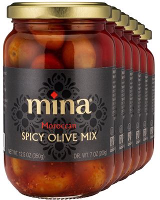 Mina Spicy Olive Mix, 12.5 oz (Pack of 6) - Premium Handpicked Moroccan Olives with Red Chili Pepper Harissa, Keto Friendly Spicy Olives, Low Carb, Vegan, Gluten Free Healthy Snacks