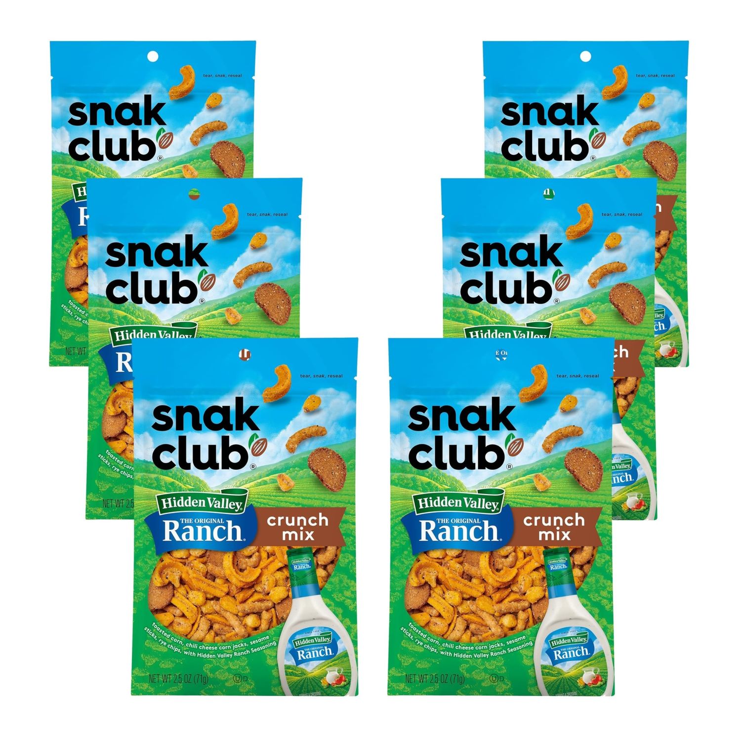 Snak Club Crunch Mix with Hidden Valley Ranch Seasoning, Toasted Corn, Chili Cheese Corn Jacks, Sesame Sticks, and Rye Chips, Kosher Snack, 2.5 oz Snack Bags, 6 Pack