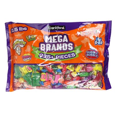 Frankford Candy Mega Brands Bulk Variety Halloween Candy Mix, including Warheads, Fruity Chews, Sour Balls, Lollipops, Dubble Bubble Gum, and Smarties (225 Pieces(2.5 lbs))