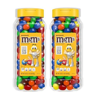 M&amp;MS Peanut Bulk Candy Jars, Assorted Chocolate Candies, Party Size Bulk Candy, Movie Night Snacks, Candy Buffet Chocolates, Resealable and Recyclable, 23 Oz Each (Pack of 2)