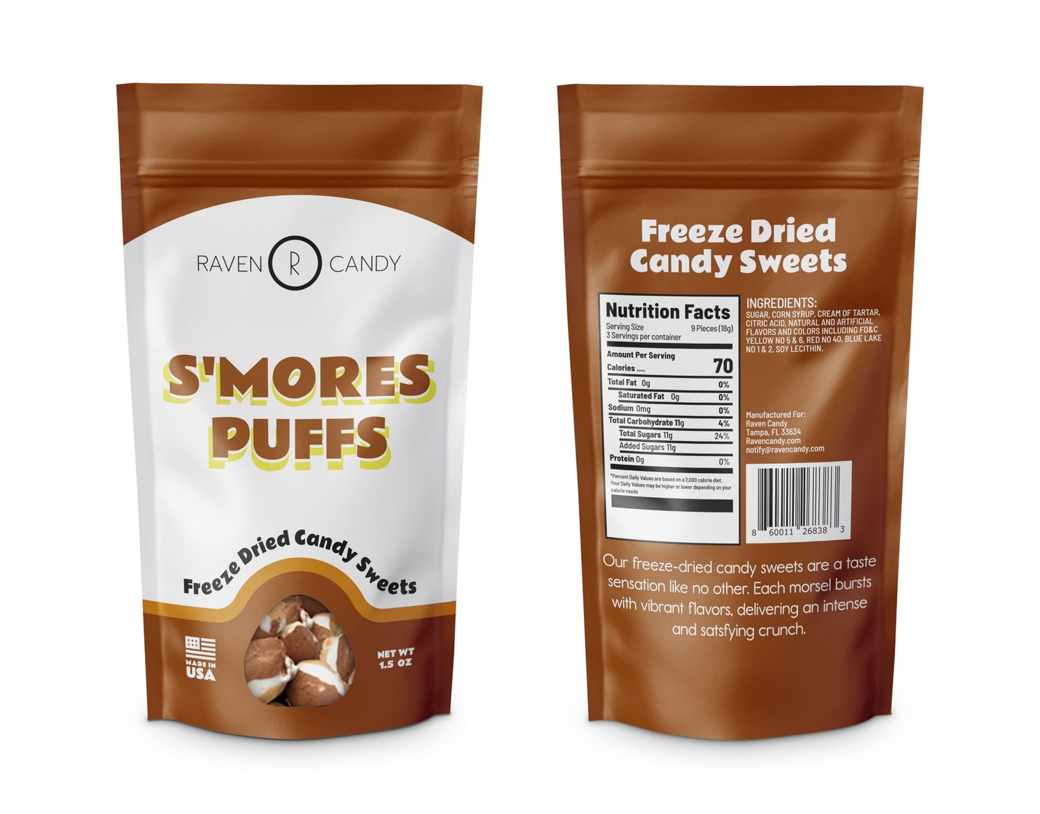 Raven Candy S&#39;mores Puffs Freeze Dried Candy, 1.5 oz Unique Candy Snack, Fruit Snack, Gluten-free, All-natural, Delicious Candy Alternatives ASMR