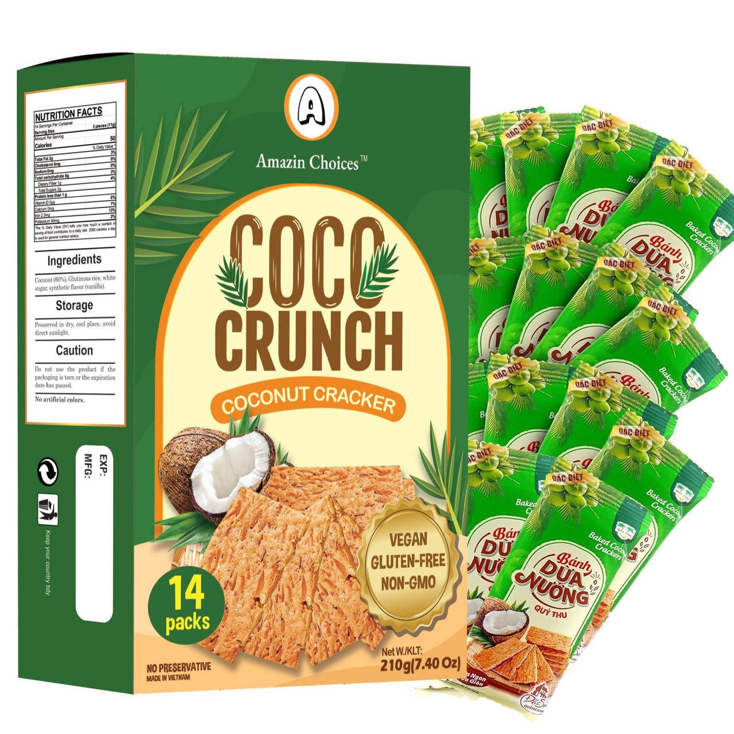 Amazin Choices COCO Crunch Coconut Crackers - Crispy, Delicious Asian Snacks, Non-GMO &amp; Vegan Treats, Perfect for Kids &amp; Adults, Plant-Based Coconut Chips - Snack Viet, Pack of 14 (7.4 Oz)