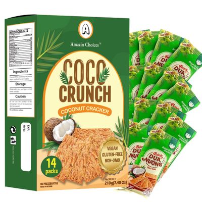 Amazin Choices COCO Crunch Coconut Crackers - Crispy, Delicious Asian Snacks, Non-GMO &amp; Vegan Treats, Perfect for Kids &amp; Adults, Plant-Based Coconut Chips - Snack Viet, Pack of 14 (7.4 Oz)