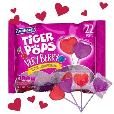 Colombina Very Berry Tiger Pops, Cherry And Blue Raspberry Flavored, Individually Wrapped Lollipops, Perfect for Class Exchange and Valentine&#39;s Day Gifts, 22 Count (Pack of 1)