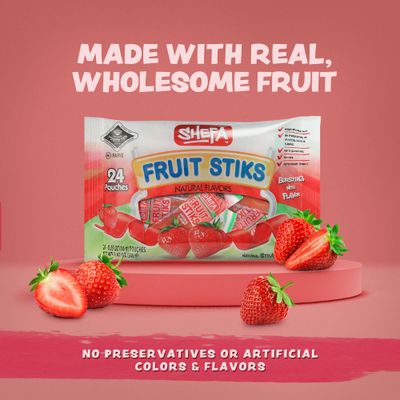 Shefa Strawberry Fruit Sticks, (24 Count) | Real Fruit Snacks | Individually Wrapped | Free of Artificial Colors, Dyes or Flavors, Corn Syrup, Gluten, Nuts &amp; Preservatives | Certified Kosher