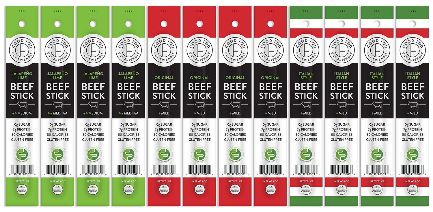 Good Fod Foods Meat Stick Variety Pack - Low FODMAP Snacks for a Healthy Gut, Zero Sugar Jerky Sticks, Keto Friendly, Gluten-Free Beef Sticks 1 Ounce (12 Pack)