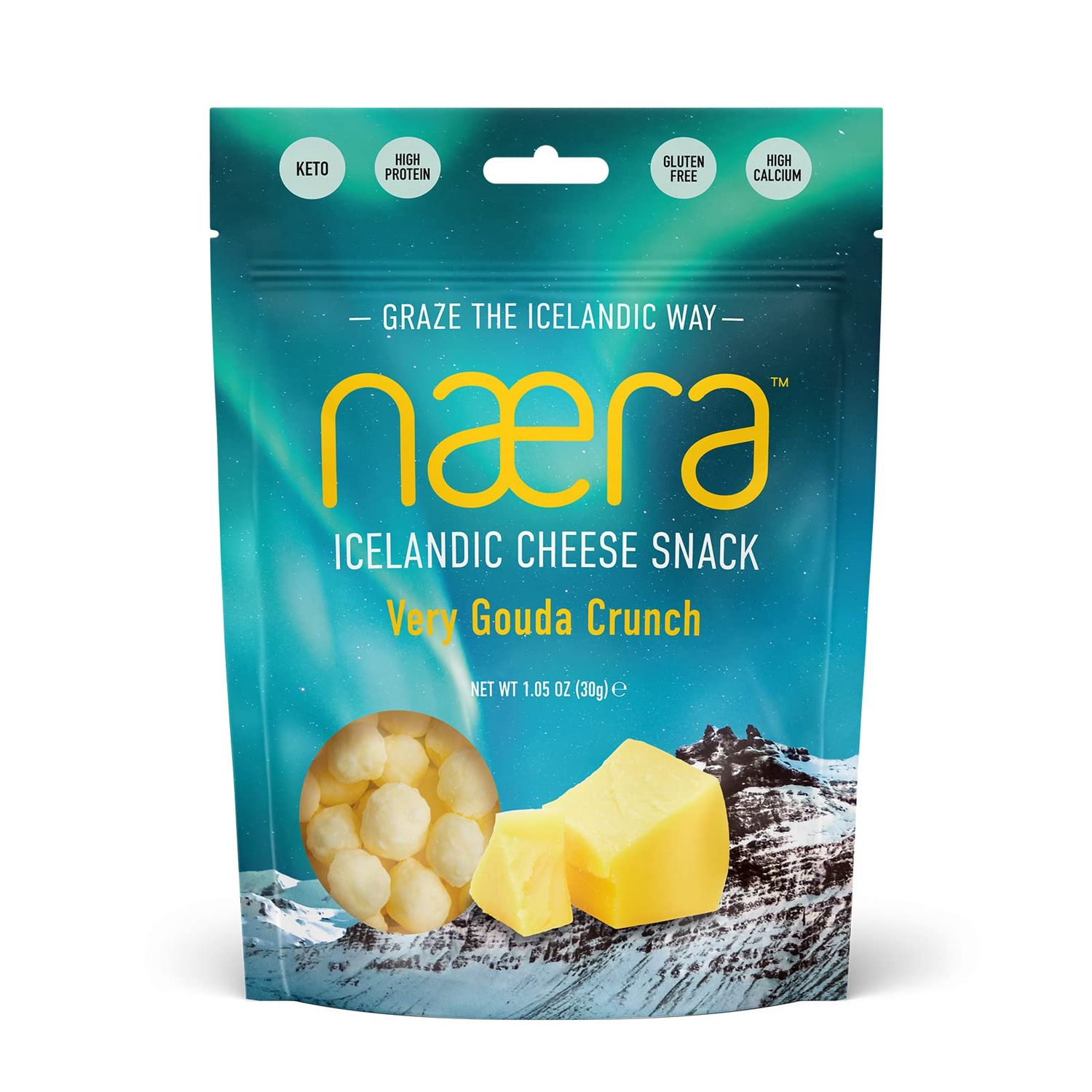 NÃ¦ra Icelandic- Very Gouda Crunch 100% Icelandic Popped Snack- Keto Friendly, Gluten Free, High Protein Snacks for Adults and Kids (1 Pack, 1.05 Oz)