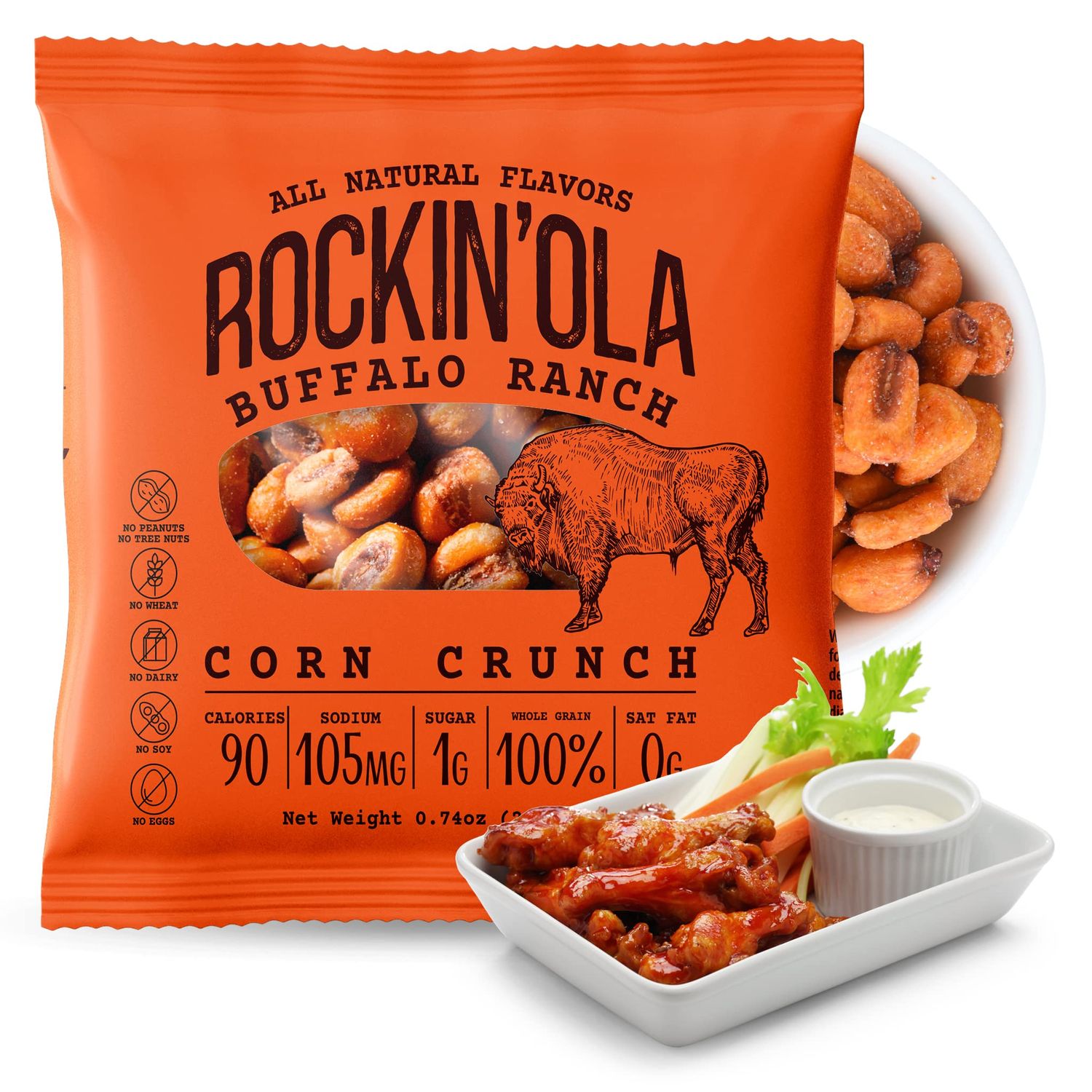 Rockin&#39;Ola Corn Crunch, Back to School Snacks, Crunchy Whole Corn Kernels, Perfect for On the Go, All Natural Flavors, Allergen Free (25 Pack, Buffalo Ranch)