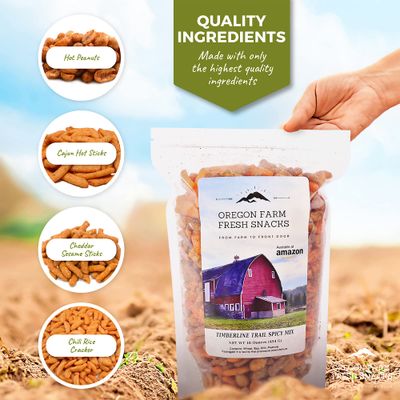 Oregon Farm Fresh Snacks Timberline Trail Spicy Mix - Spicy Nuts And Cajun Sticks Trail Mix (16 oz) - Game Night Snacks In Resealable Bag - Hand-Blended Hot & Spicy Snack Pack