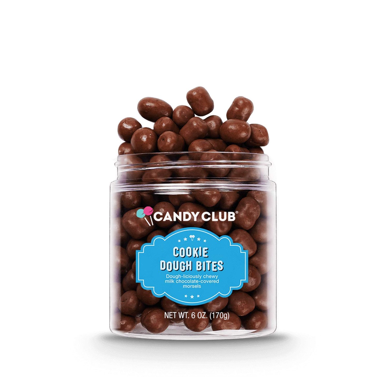 Candy Club Gourmet Cookie Dough Bites, Vanilla Base with Chocolate Chips and Dipped in Milk Chocolate for Gifts, Parties, Snacks, Candy Buffets, etc. - 6 oz Jar