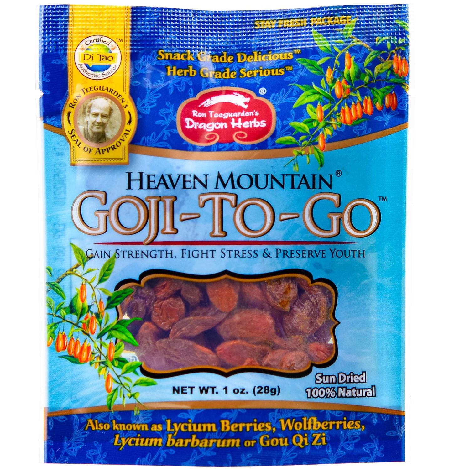 Dragon Herbs Heaven Mountain Goji Berries | Single Serving 1 oz Packet | Moist &amp; Plump - The ONE &amp; Only Snack Grade Goji | Fight Stress |Gain Strength | Preserve Youth | Eye Vision Tonic | 100% Sun