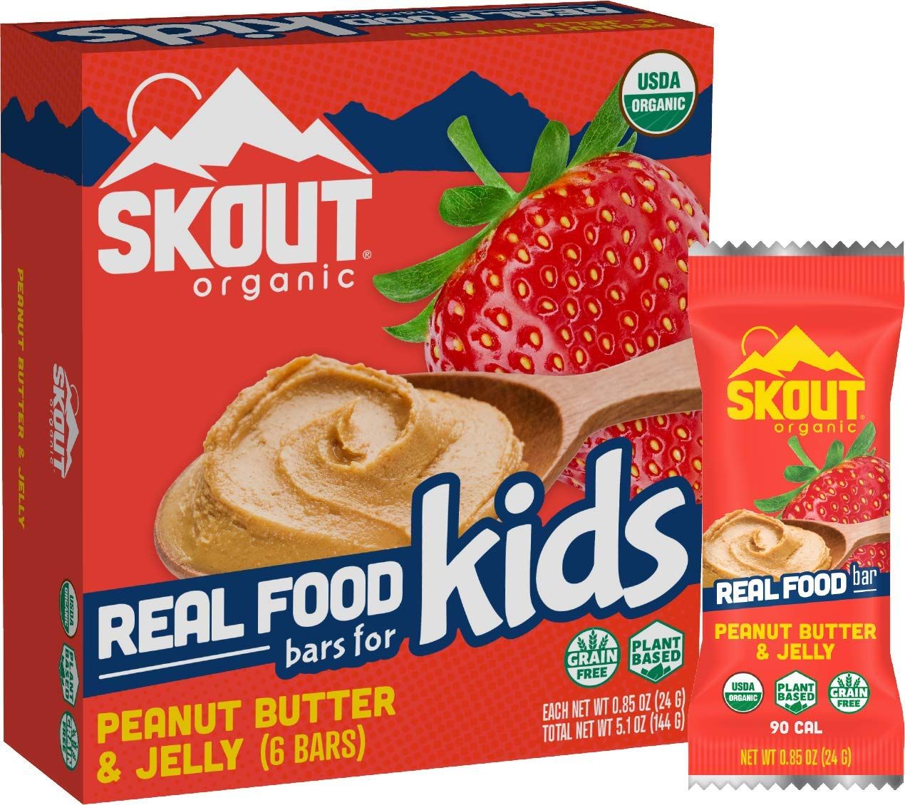 Skout Organic Peanut Butter &amp; Jelly Real Food Bars for Kids (6 Pack) | Organic Snacks for Kids | Plant-Based Nutrition, No Refined Sugar | Vegan | Gluten, Dairy, Grain &amp; Soy Free