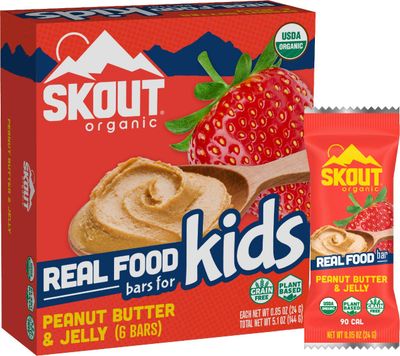 Skout Organic Peanut Butter &amp; Jelly Real Food Bars for Kids (6 Pack) | Organic Snacks for Kids | Plant-Based Nutrition, No Refined Sugar | Vegan | Gluten, Dairy, Grain &amp; Soy Free