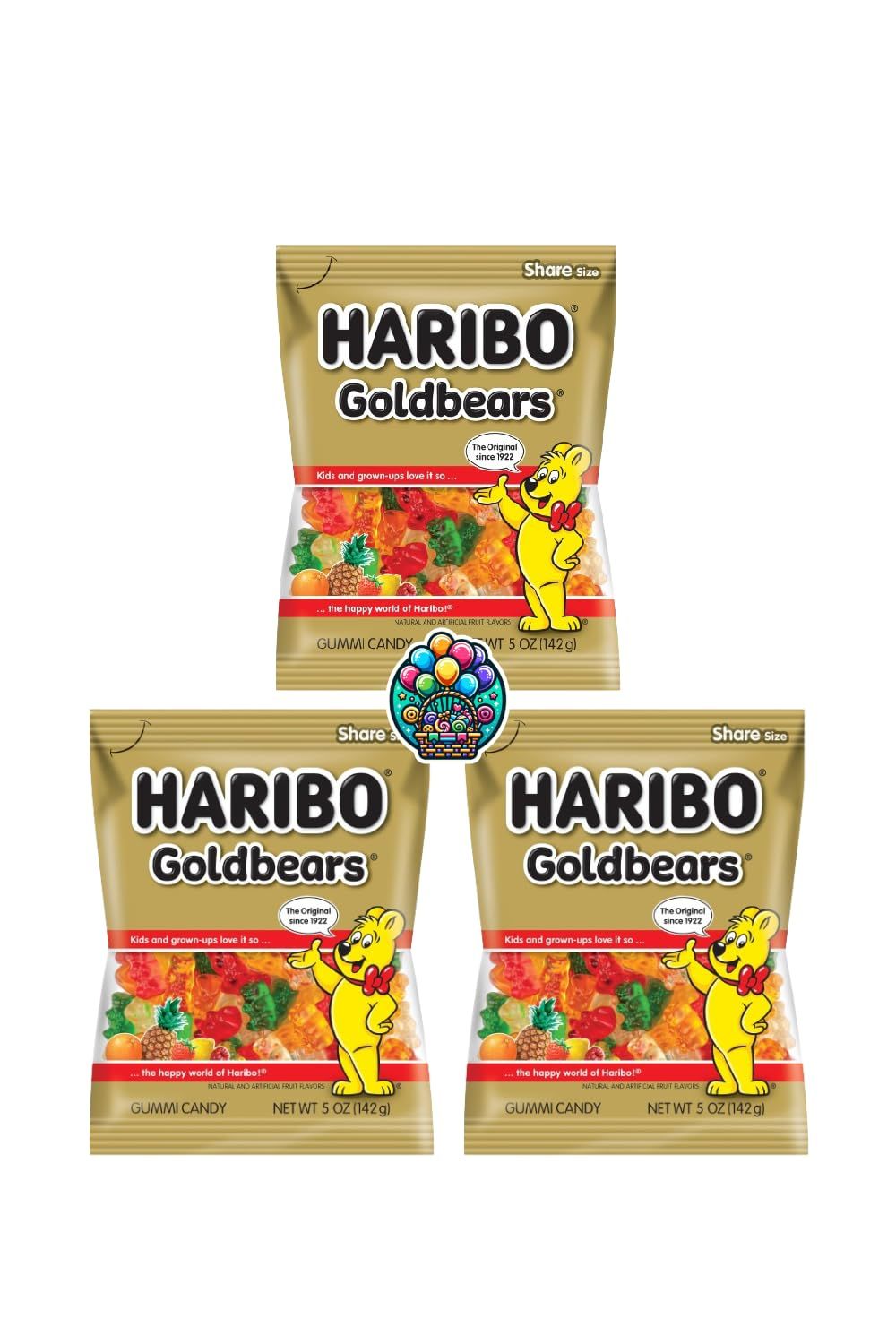 Gold Bears Gummy Chewy Candy - 5oz. (Pack of 3) Share Size Peg Bags for Halloween, Christmas and more in a NikAn Supplies Bag (GoldBears)