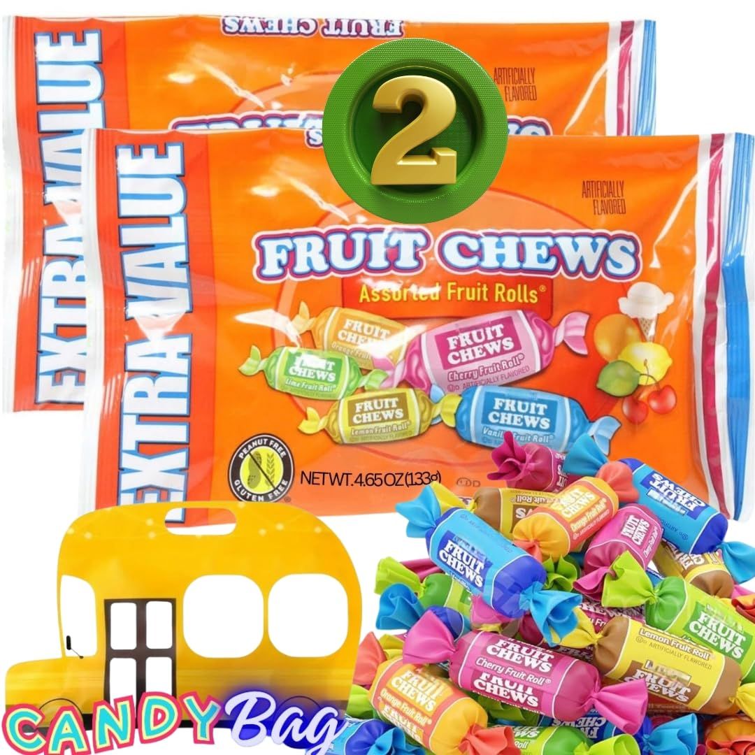 (PACK OF 2) Totsie Fruit Rolls Chews - Extra Value Candy Bag - Comes With One Bus Resealable ZipBag - Gluten Free - Assorted Flavors - 4.65oz Each Bag (Fruits)