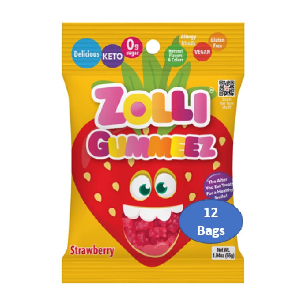Zolli Gummies Strawberry - Delicious Zero Sugar, Allergy-Free, KETO, Vegan Clean Teeth Candy - 12 Packs of 1.94oz for a Strawberry-licious and Dental-Friendly Treat