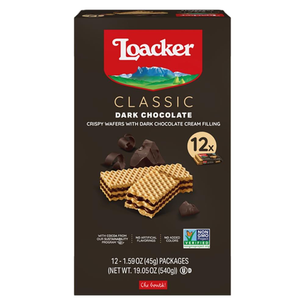 Loacker Classic Dark Chocolate Wafers - Premium Crispy Wafer Cookies with Dark Chocolate Cream Filling - Multipack of 12 Snack Packs - NON-GMO - Sustainably Sourced Cocoa - 45g1.59oz, Pack of 12