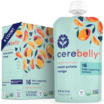 Cerebelly Organic Baby Food Pouches - 6 Months Organic Veggie Pouches | 16 Nutrients, No Added Sugar, Non-GMO | Toddler Pouches | 4 Ounce BPA-Free Baby Pouches | Sweet Potato Mango | 6 Count