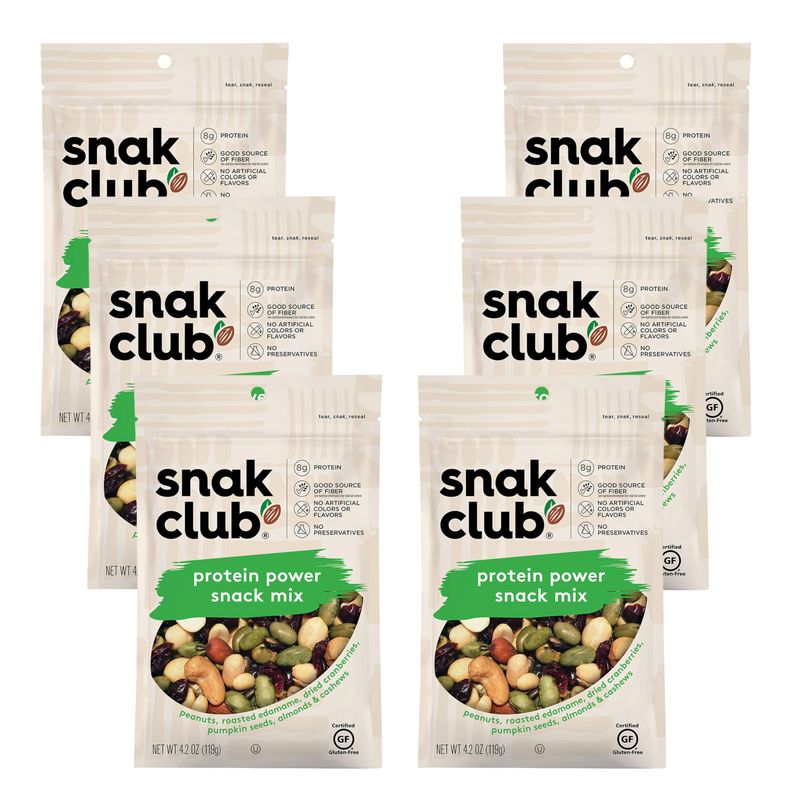 Snak Club Protein Power Snack Mix with Peanuts, Roasted Edamame, Dried Cranberries, Pumpkin Seeds, Almonds, and Cashews, Gluten-Free and Kosher Trail Mix Snacks, 4.2 oz Resealable Bags, 6 Pack