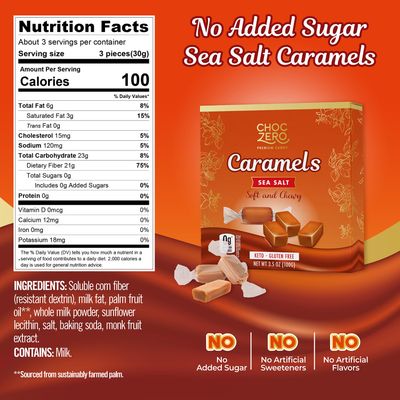 ChocZero Sugar Free Caramels - Keto Candy - All Natural, Soft and Chewy - Low Carb Snack (3.5oz Box)