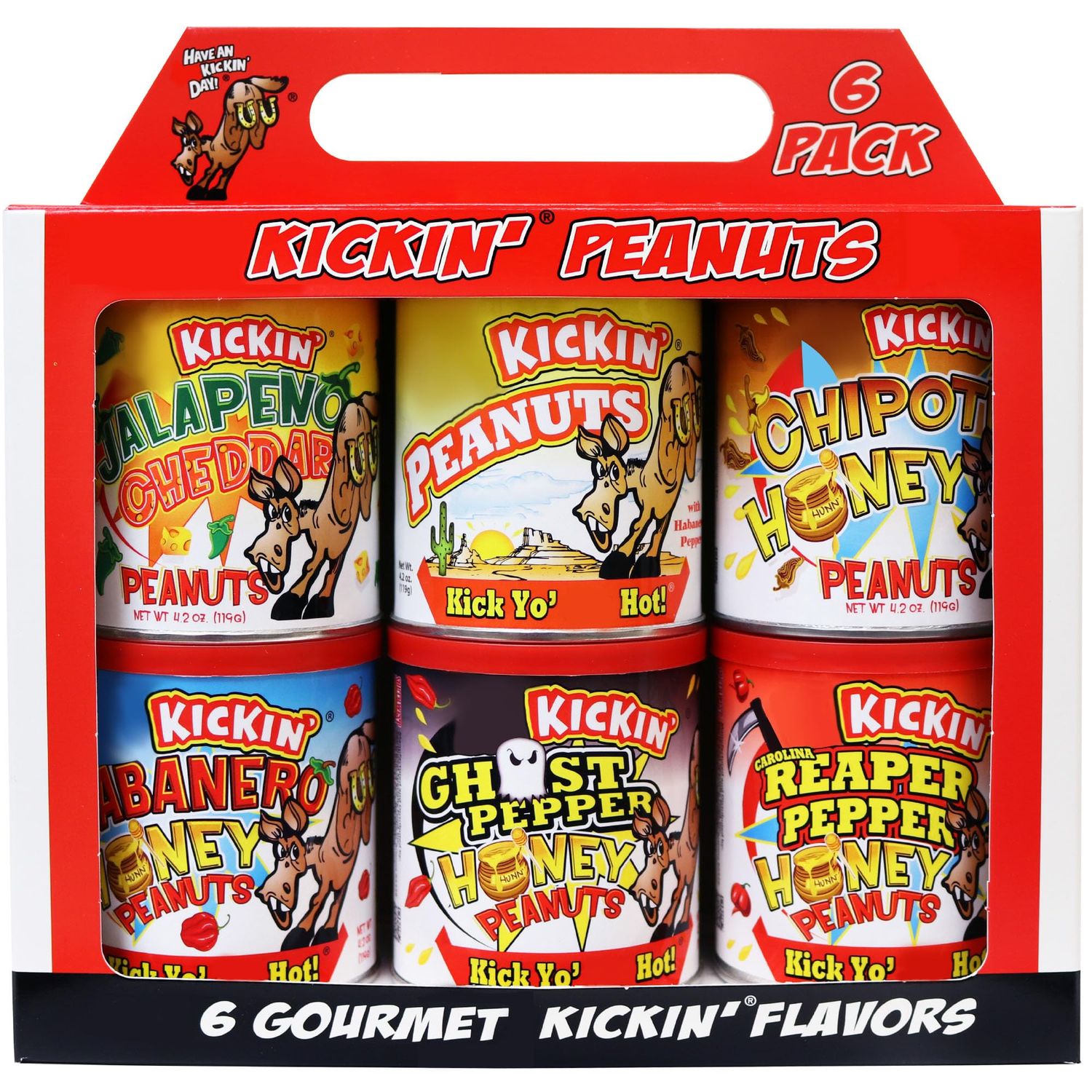 ASS KICKIN Spicy Hot Peanuts - Variety Pack 4.25oz 6 Pack - Ultimate Spicy Gourmet Gift Peanuts - Try if you dare