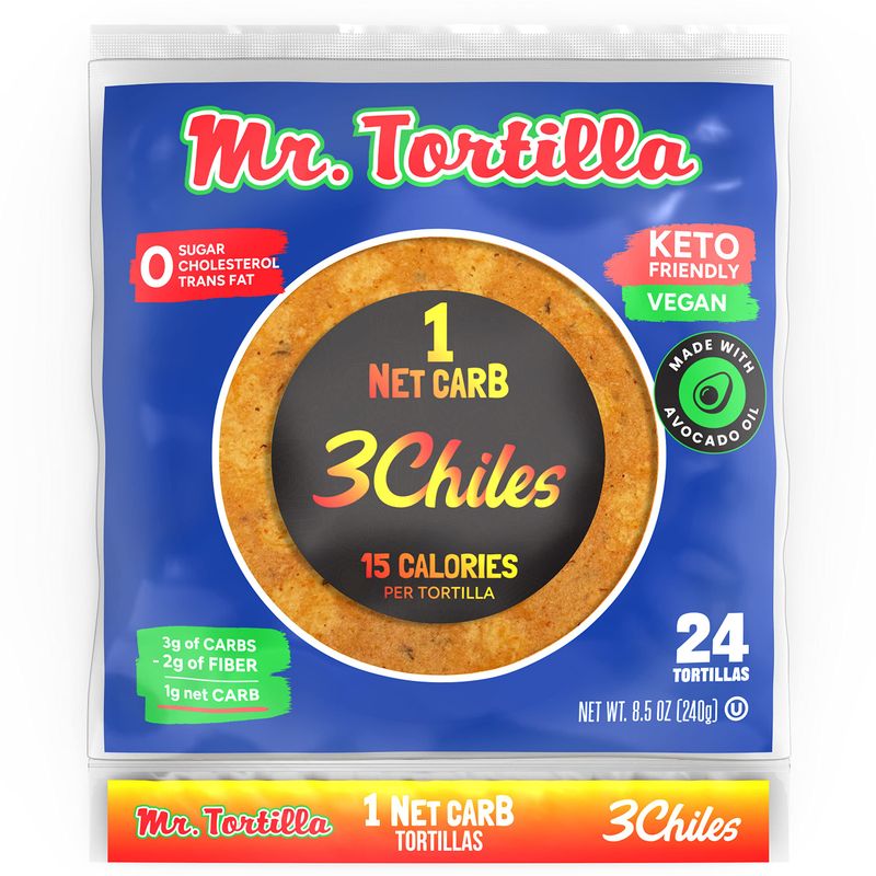 Mr. Tortilla Low Carb Keto Soft Taco Shells, Vegan Healthy Snacks &amp; Bread Alternative, 1 Net Carb 15 Calories, Delicious Small Batch Kosher Wraps - (Spicy 3 Chiles, 24 Count)