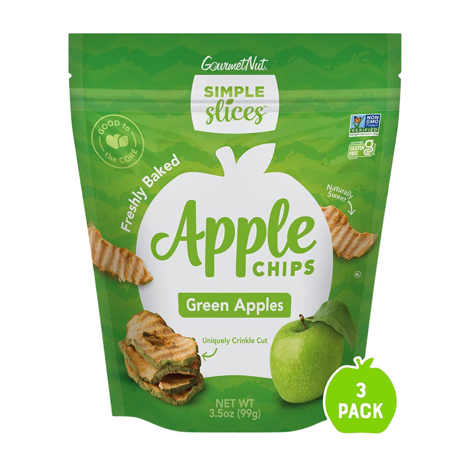Gourmet Nut Simple Slices Baked Apple Chips, USA Grown Sliced Dried Apples, Healthy Non GMO Vegan Snack For Adults &amp; Kids, Naturally Sweet, No Added Sugar, Green Apples, 3.5oz Individual Bags, 3 Pack