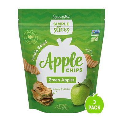 Gourmet Nut Simple Slices Baked Apple Chips, USA Grown Sliced Dried Apples, Healthy Non GMO Vegan Snack For Adults &amp; Kids, Naturally Sweet, No Added Sugar, Green Apples, 3.5oz Individual Bags, 3 Pack
