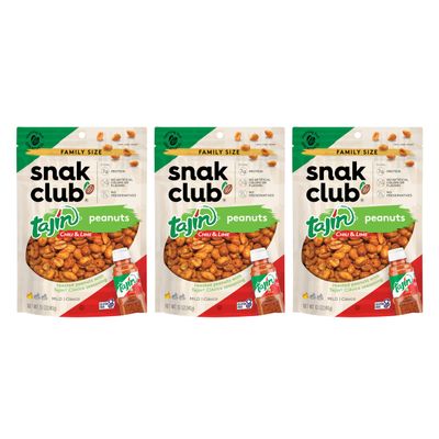 Snak Club Tajin Peanuts, Roasted Nuts with Chili and Lime Seasoning, Mild, Gluten-Free, Kosher Snacks, No Artificial Colors or Flavors, Low Cholesterol, 12 oz Resealable Bags, 3 Pack