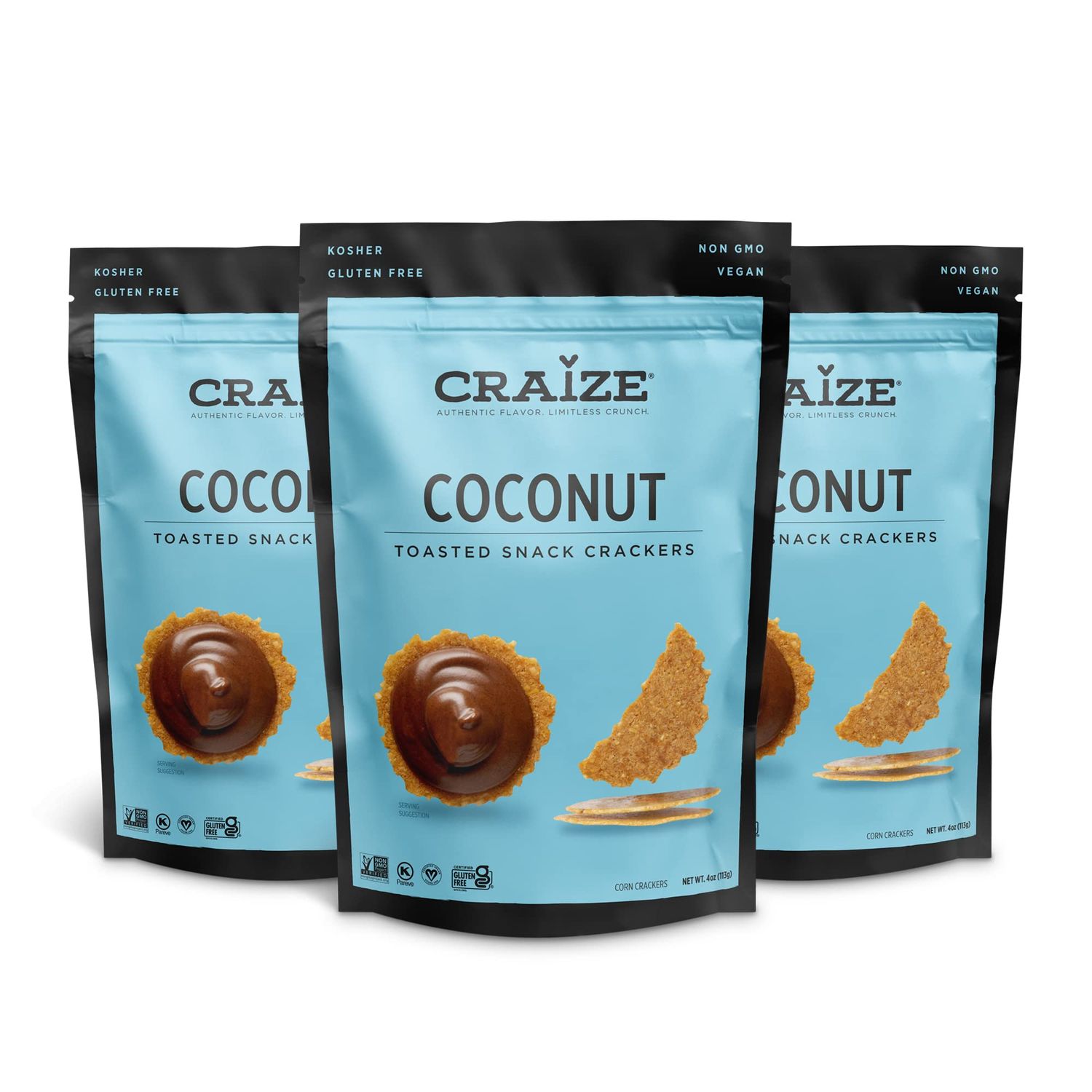 Craize Coconut Crisps | Gluten Free, Vegan, Kosher, Toasted Corn Crackers | 3 pack, 4 oz each