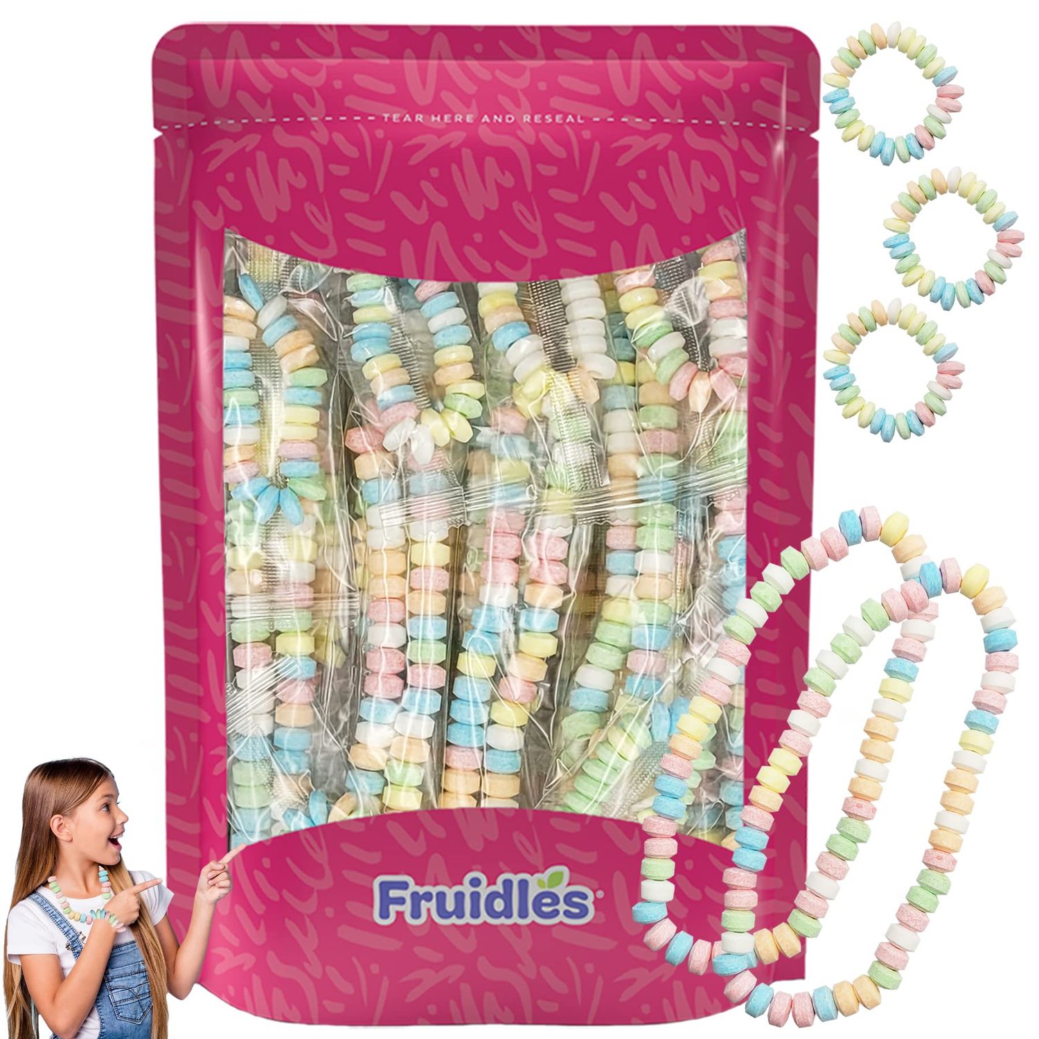 The Dreidel Company Stretchable Bracelet &amp; Necklace Candy, Multicolor Fruit-Flavored Candy for Kids, and Party Favors, Individually Wrapped (24-Pack)
