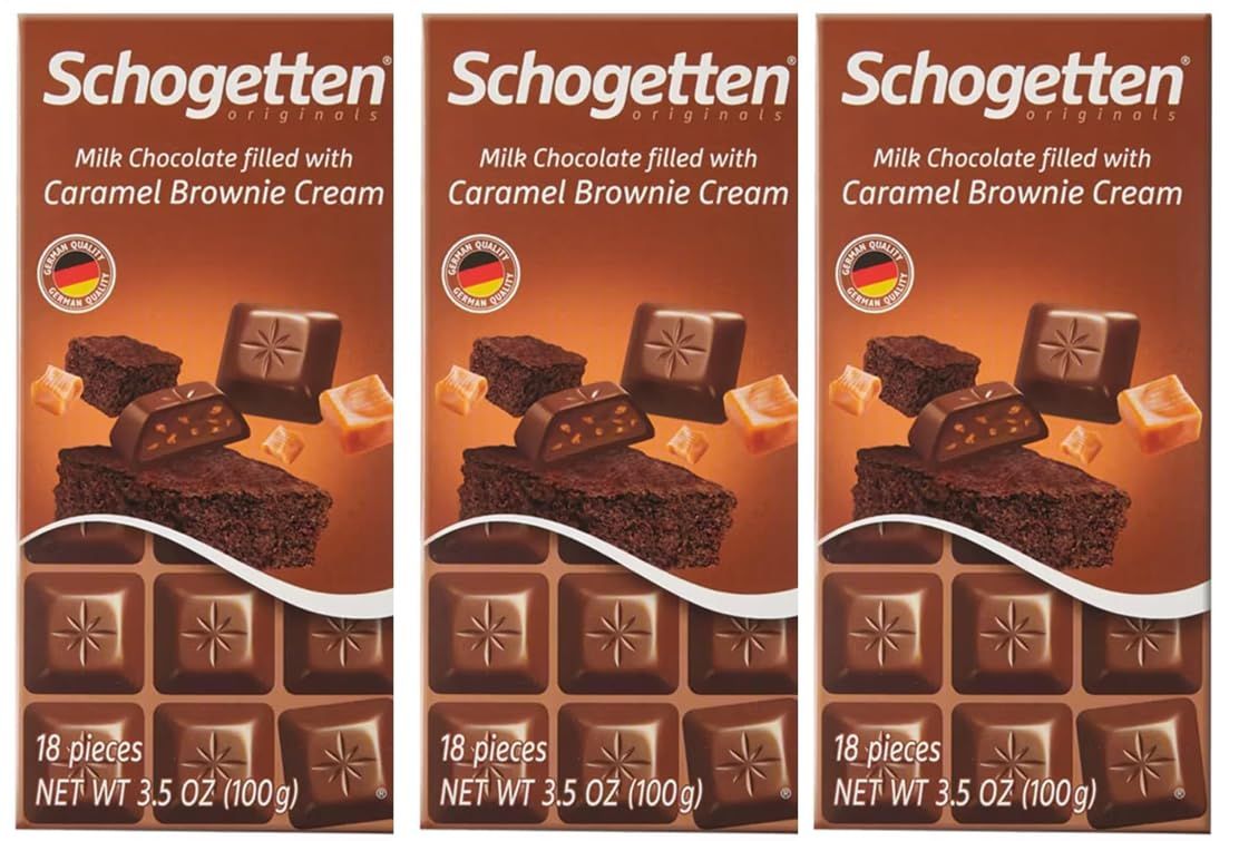 Caramel Brownie Cream Filled Fine German European Milk Chocolate 3.5 oz Bars by Schogetten - Gift Giving Snack Treat for Friends Family Thanksgiving Gathering 3 Pack