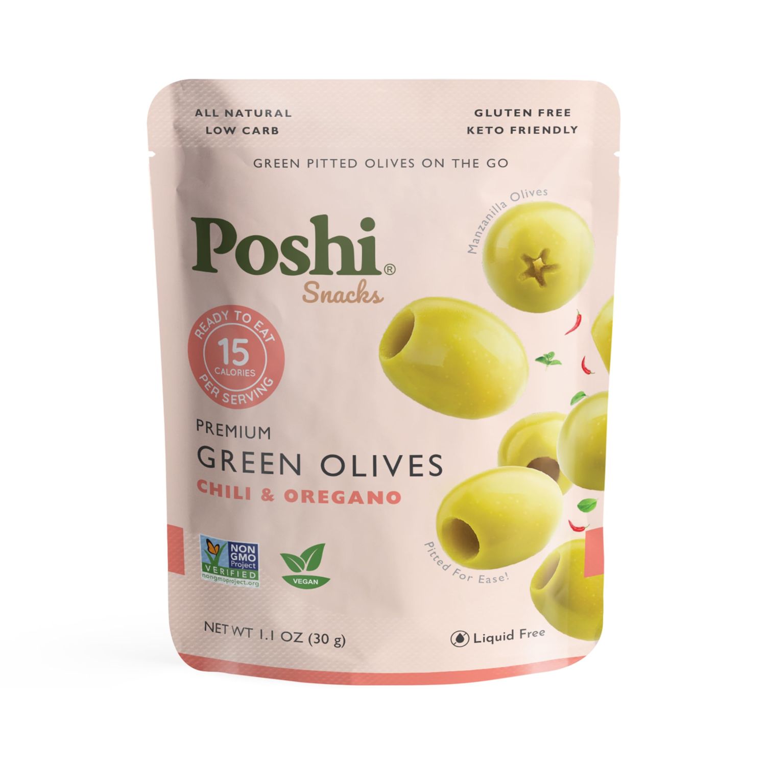 Poshi Green Pitted Olives | Chili &amp; Oregano | Vegan, Kosher, Gluten Free  Keto Friendly, Fresh, All Natural Low Calorie Healthy Snacks | (30 Pack, 1.1oz Bags)