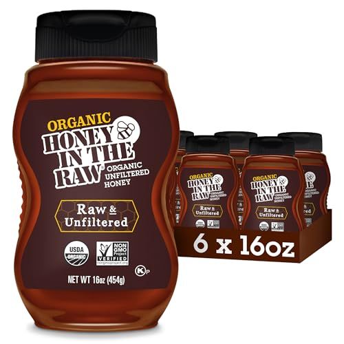 HONEY IN THE RAW Unfiltered Organic Honey, Pure Sweet Honey from Brazil for Coffee, Tea, Yogurt, Snacks, Sauce, Salad Dressing, Pancakes, USDA Certified, Non-GMO, Gluten Free, 16 oz bottle (Pack of 6)