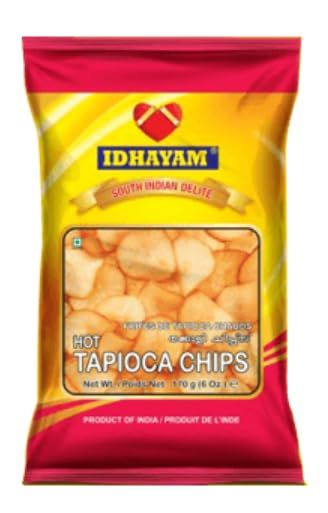 MEENAKSHI OVERSEAS LLC IDHAYAM HOT TAPIOCA CHIPS SOUTH INDIAN DELITE SAVOURIES &amp; SNACKS FROM GOD&#39;S OWN COUNTRY NET WT. 170G (6 OZ)