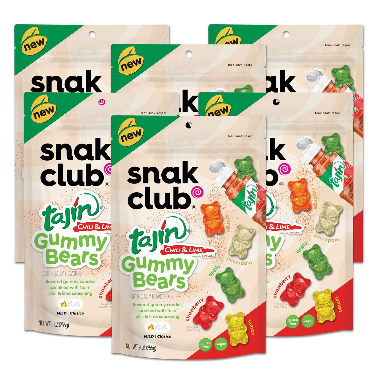 Snak Club Gummy Bears, Tajin Chili &amp; Lime Sweet and Spicy Gummy Candy, Mild in Heat Bold in Flavor, Low-Fat, Vegan, Gluten-Free Snack, 9 oz Large Resealable Bag, 6 Count